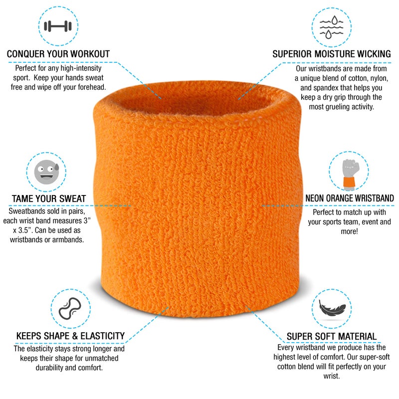 Suddora Wrist Sweatbands, Absorbent and Breathable Thick Cotton Bands for Working Out, Gymnastics, Basketball, Tennis, and Football, Multiuse Wristbands for Costumes and Cosplay (Pair) (Neon Orange) - Image 2